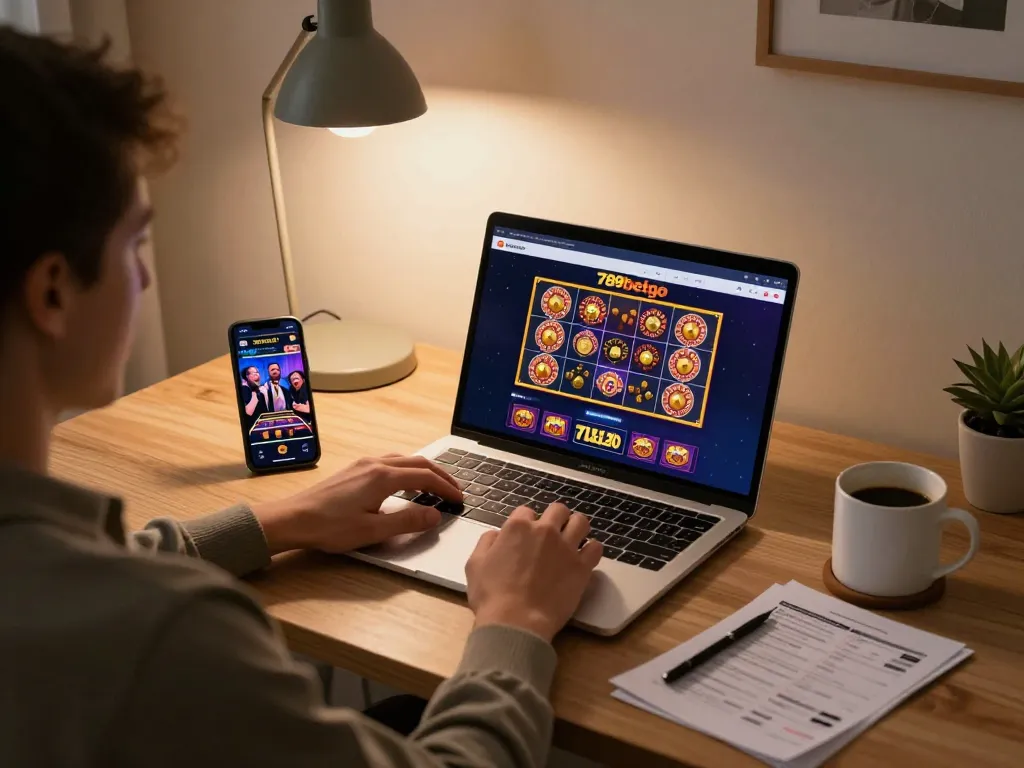 A player engaging with 789betgo casino app on their laptop while comfortably seated at home, showcasing a vibrant online gambling atmosphere.