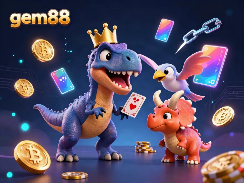 Experience thrilling gameplay with gem88 as friendly dinosaurs shuffle cards and stack chips in 3D.