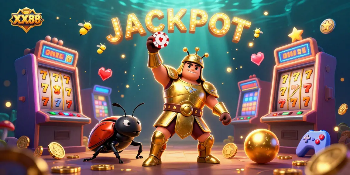 Win big at XX 88! Celebrate victories with a golden beetle amidst colorful slot machines.