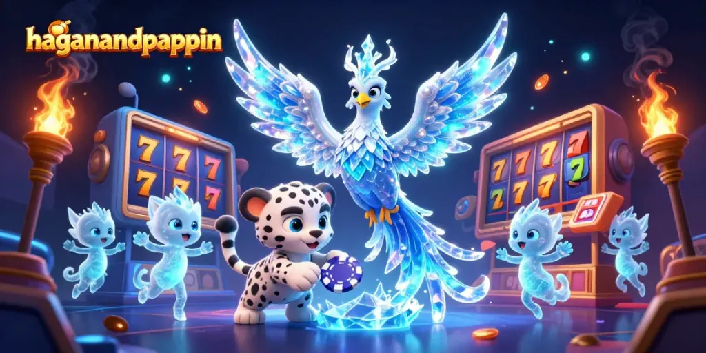 Engage with the exciting world of haganandpappin through this vibrant casino scene featuring slot reels and playful characters.