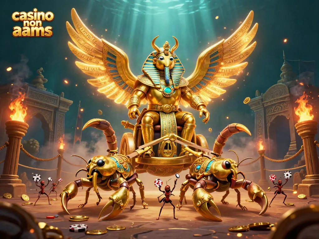 Gioca nei casino non AAMS con entusiasmo, uno scarabeo d'oro e scorpioni tra monete e fuoco.