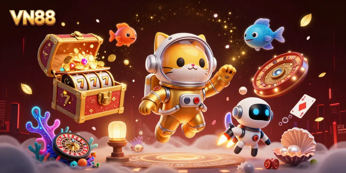 Experience excitement with VN88 in an ultra-detailed 3D casino adventure illustration featuring vibrant characters and slot elements.