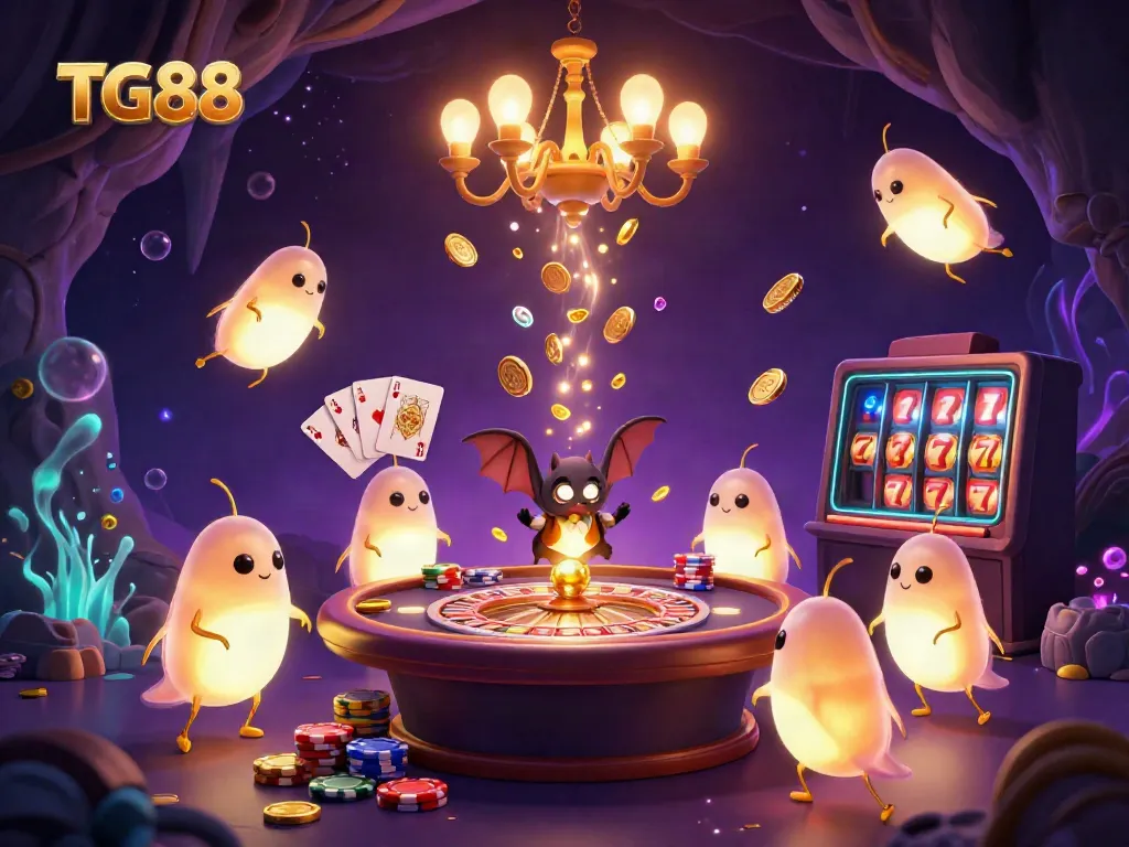 Engage with TG88's lively cave casino illuminated by glowworms and a playful bat dealer, showcasing vibrant gaming elements.