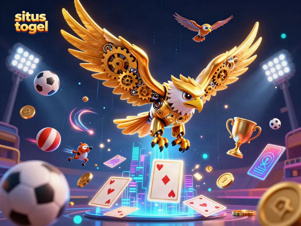 Experience the thrill of situs togel with a dynamic 3D rendering showcasing a cybernetic eagle and holographic playing cards.