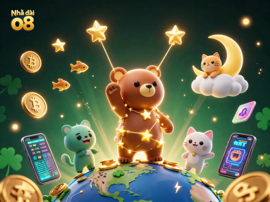 Play at Nhà cái o8 and enjoy vibrant 3D casino graphics with golden coins and crypto elements.