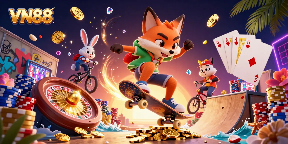 VN88 showcases a vibrant 3D scene of gaming excitement with lively characters, casino symbols, and dazzling effects.