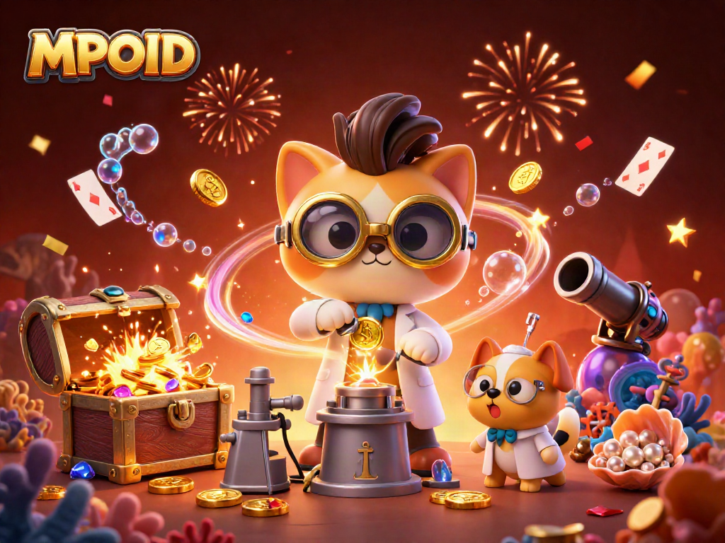 MPOID showcases an exciting casino-themed illustration of a scientist cat and dog amidst flying coins and vibrant gameplay elements.