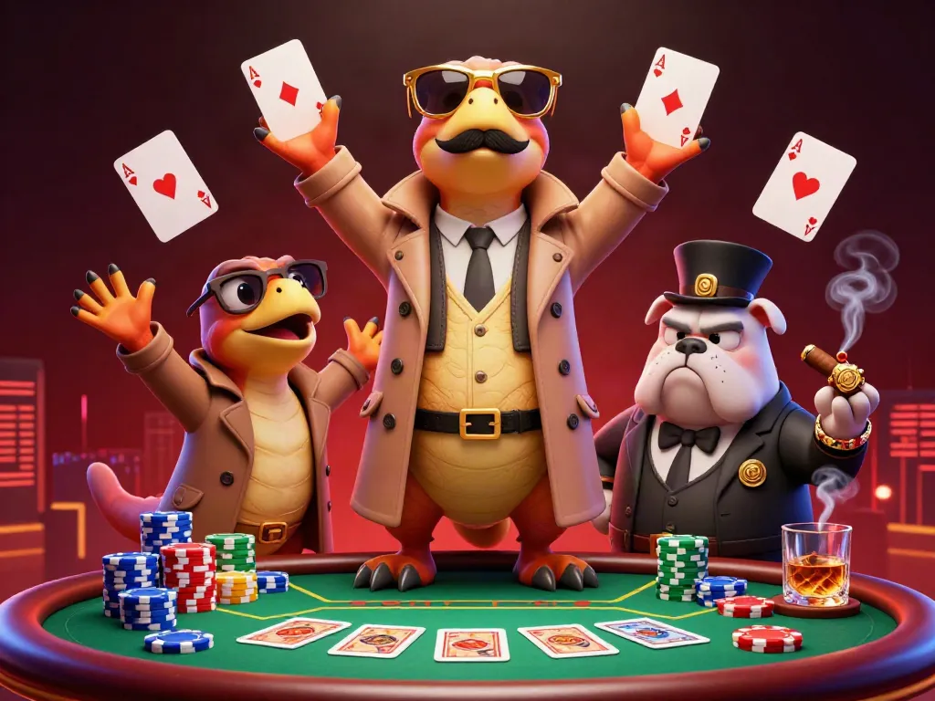 Engage in thrilling casino action with sunwin featuring cartoon raptors in disguise at a poker table.