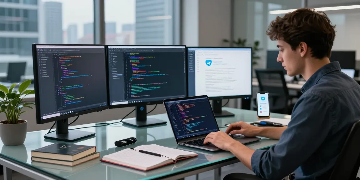 Dynamic workspace showcasing coding on Telegram下载 in a modern office, highlighting innovation and productivity.