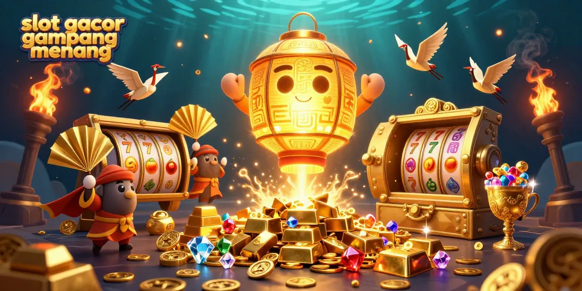 Visualize slot gacor gampang menang with a vibrant casino scene featuring golden characters and treasures.