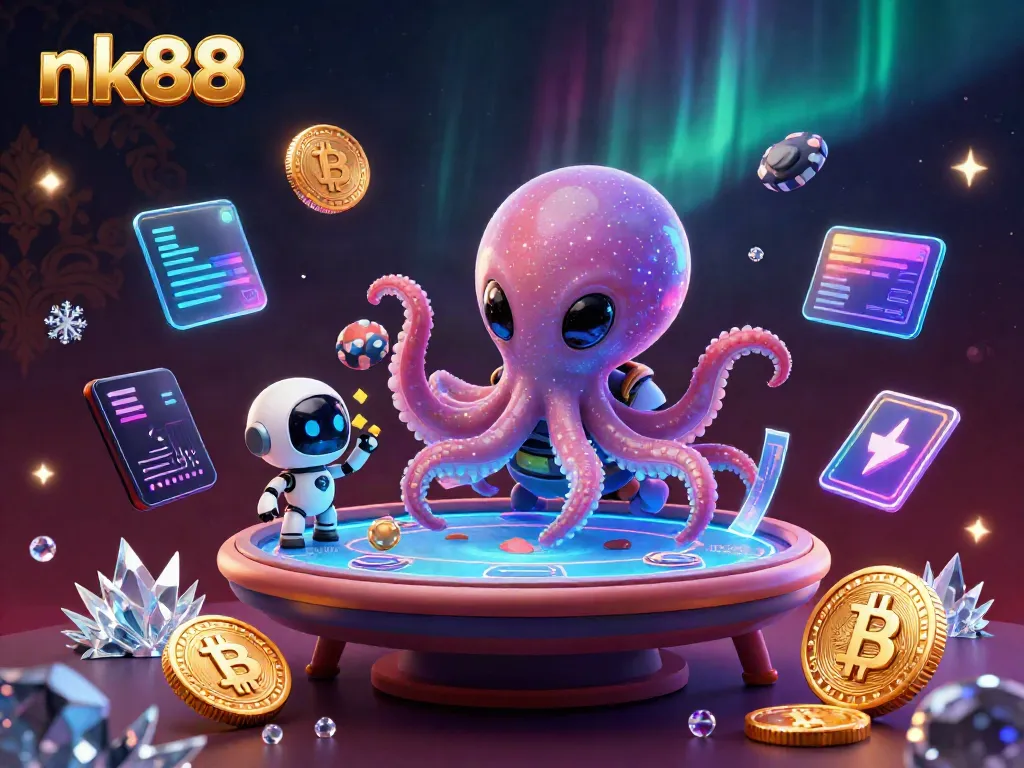 Engage with thrilling poker action at nk88, featuring an alien octopus at a holographic table.