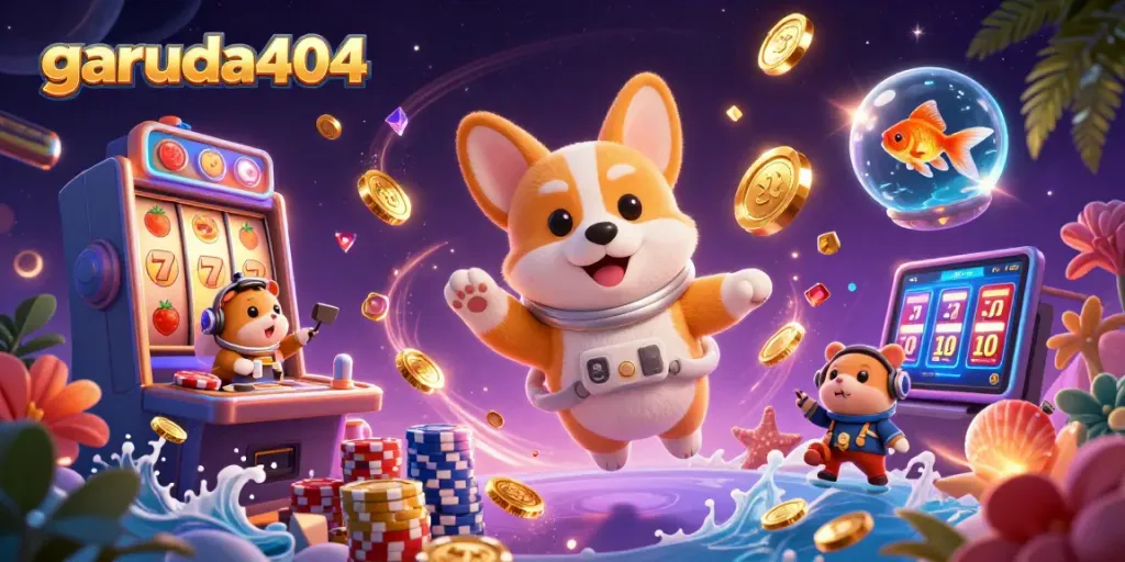 Engage with garuda404's vibrant casino adventure featuring an astronaut corgi and floating slot machines.