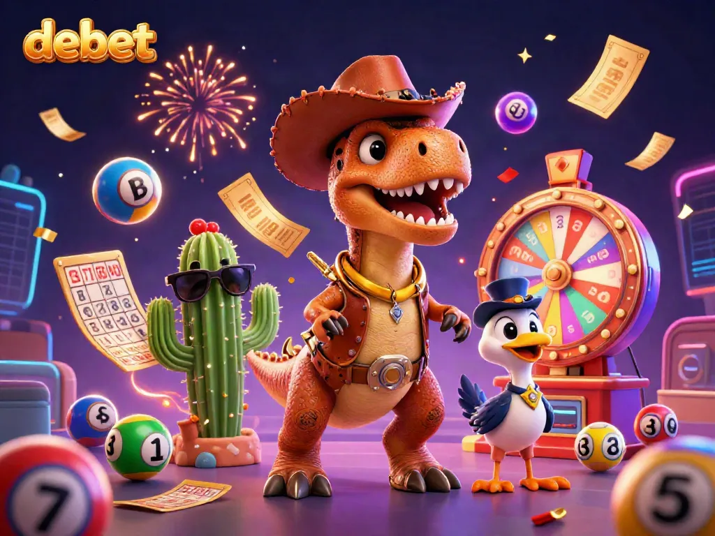 Engage in thrilling gameplay at debet with a vibrant 3D scene featuring a dinosaur cowboy, cactus sidekick, and dynamic lottery elements.