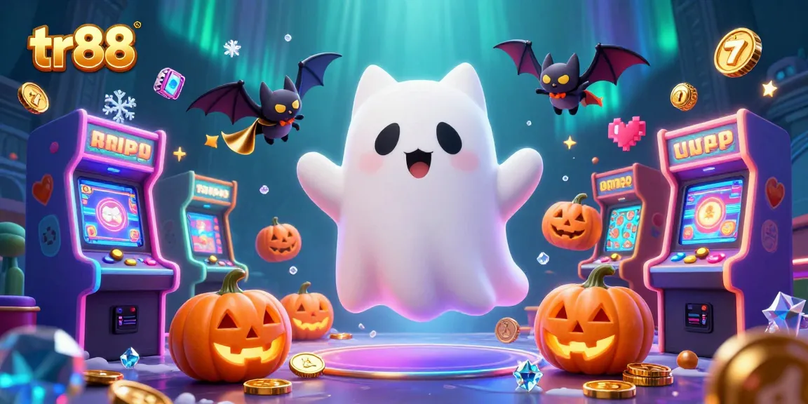Engage with tr88's vibrant casino experience, featuring a ghost cat and bat in a rich, animated scene.