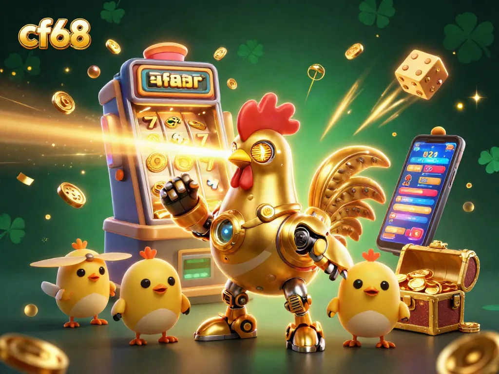 cf68 gaming scene featuring a golden rooster robot and baby chicks amidst jackpot slot machines and colorful casino elements