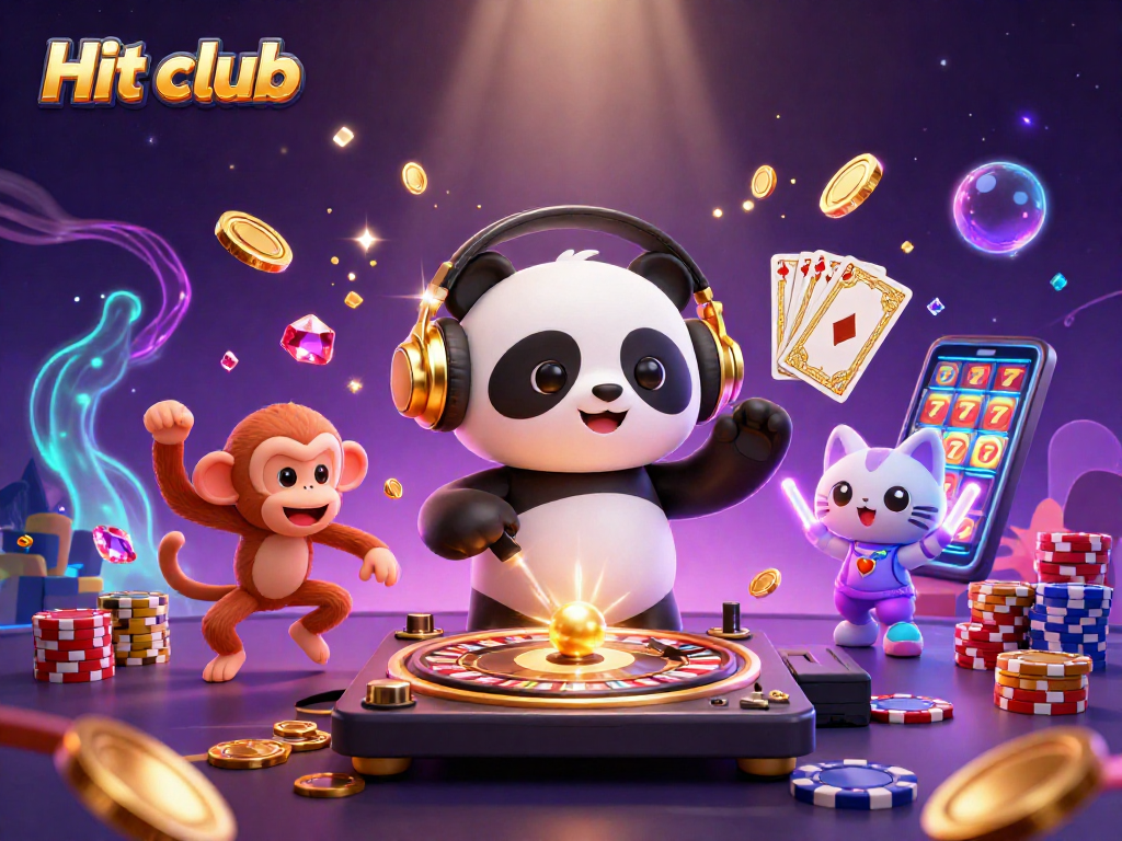 Experience the excitement at Hit club with a vibrant DJ panda, dancing monkey, and rave kitten in a lively casino scene.
