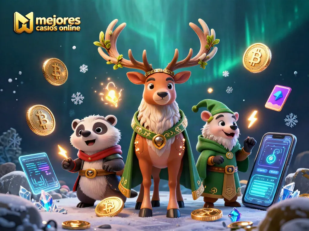Descubre los mejores casinos online en una escena mágica con un ciervo druida y criptomonedas brillantes.