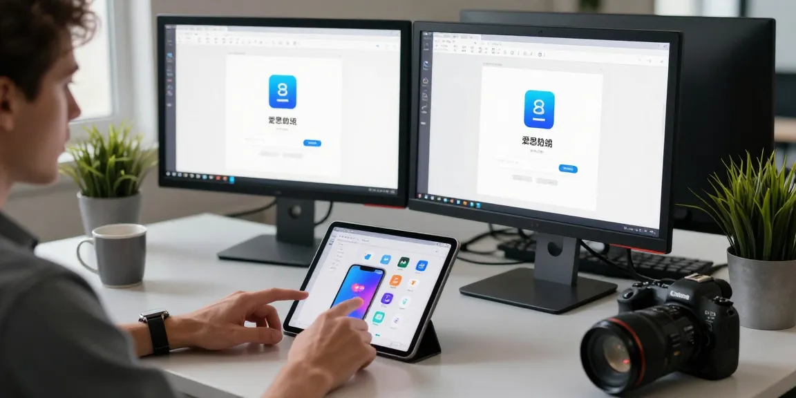 使用爱思助手官网管理iOS设备的专业人士，现代办公环境，显示屏和文件传输过程的细节