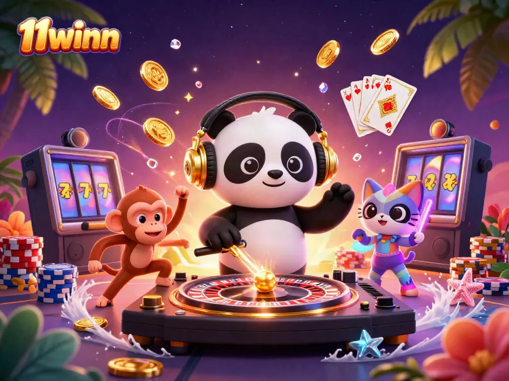 Engage with casino fun at 11winn, featuring a DJ panda and vibrant gaming elements.