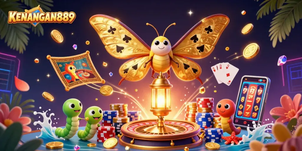 Engage with KENANGAN889's casino scene featuring a majestic atlas moth, vibrant game elements, and golden treasures.