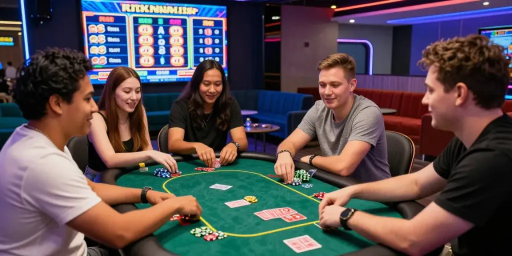 Exciting gambling scene with rokok88 alternatif gaming table and friends in vibrant setting.