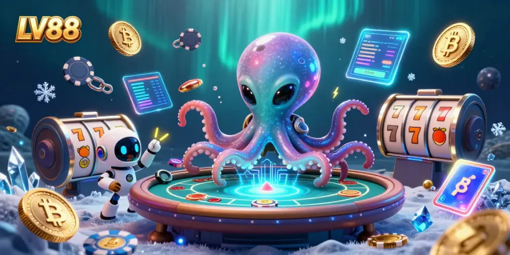 Experience LV88's vibrant alien-themed gaming scene filled with cosmic poker action.