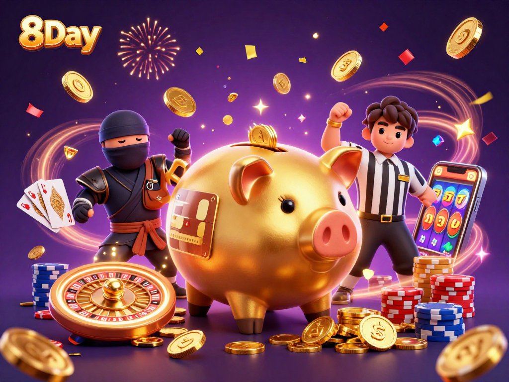 Experience thrilling action at 8Day with a lively casino scene featuring golden coins and dynamic gaming elements.