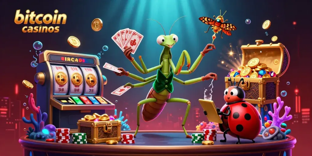 Experience the vibrant energy of bitcoin casinos with a dynamic 3D illustration featuring animated characters, gaming elements, and crypto-themed visuals.