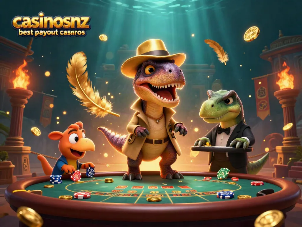 Experience thrilling action at casinosnz best payout casinos featuring a velociraptor card counter in a blackjack game.