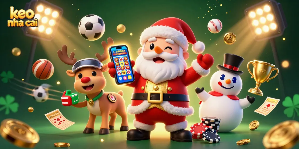Engage with keo nha cai through vibrant sports-themed casino illustration featuring Santa, reindeer, and snowman.