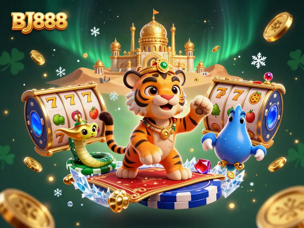 BJ888 ignites thrilling gameplay with an Arabian-themed tiger sultan and captivating casino elements.