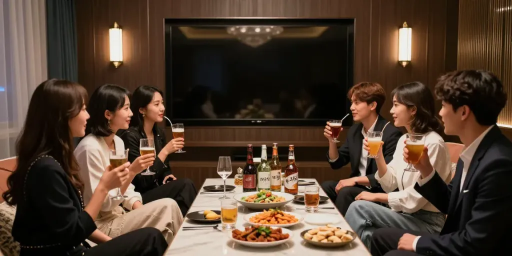 강남타이밍의 세련된 쩜오 룸에서 친구들이 즐거운 시간을 보내는 모습