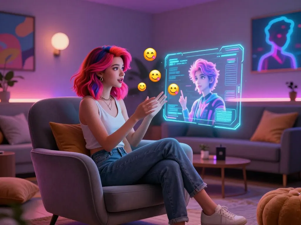 Interactive NSFW AI chat scene showcasing a woman engaging with captivating digital characters.