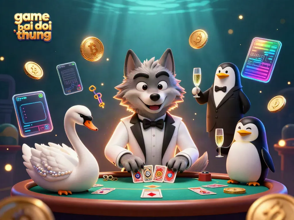 Win big with game bai doi thuong as a 3D cartoon wolf plays baccarat with a swan dealer.