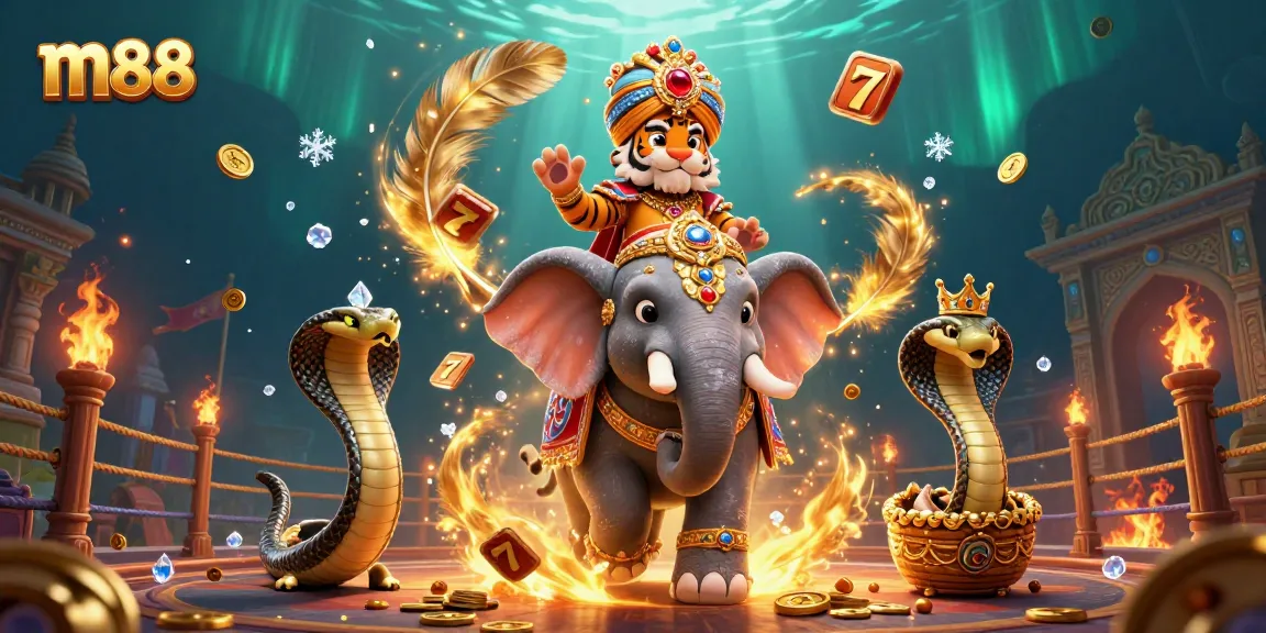 Experience the thrill of m88 with vibrant casino action, jewel-encrusted elephant, and rich gaming elements.