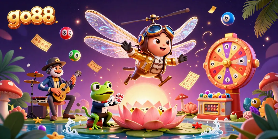 go88 promotes fun gaming with vibrant scenes of a frog croupier dealing cards and a jazzy band.