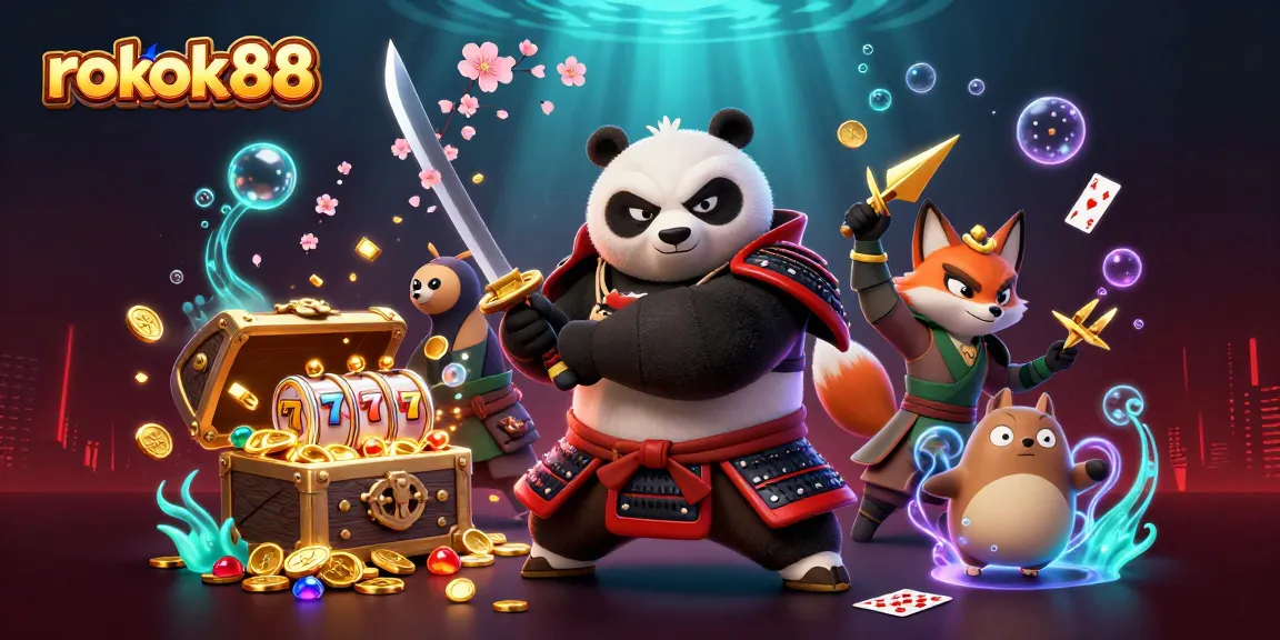 Experience the thrill of rokok88 with dynamic action scenes featuring samurai panda and casino elements.