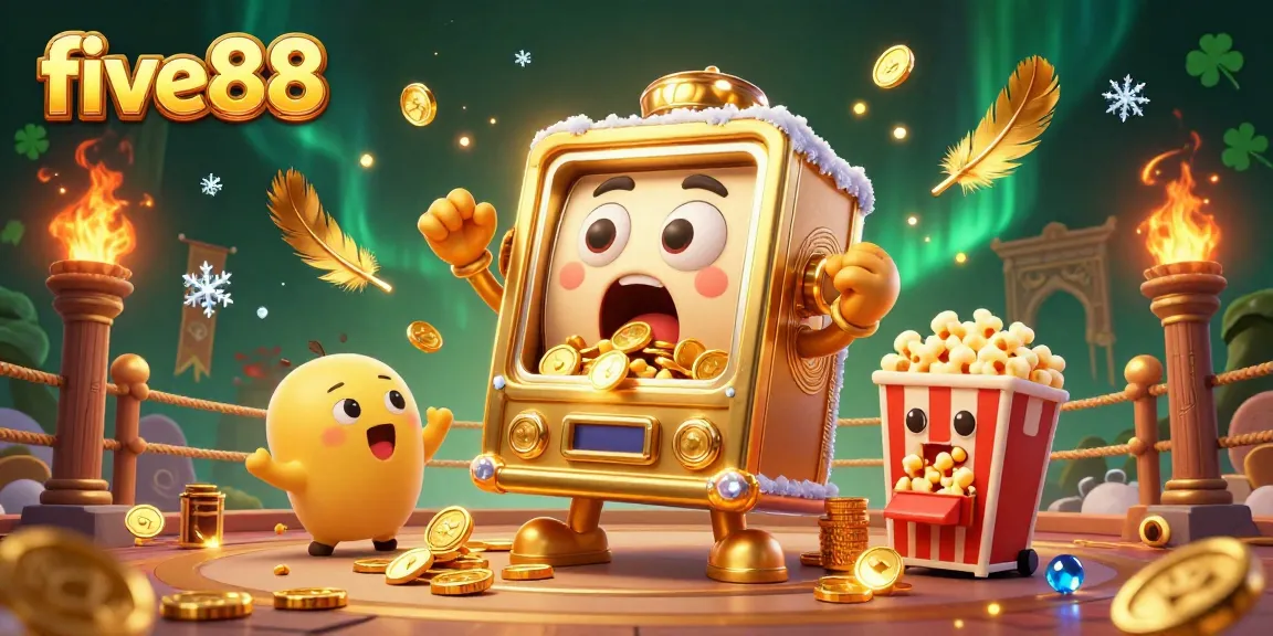 Experience the thrill of five88 with a golden jackpot slot machine showering coins amidst a dynamic casino scene.