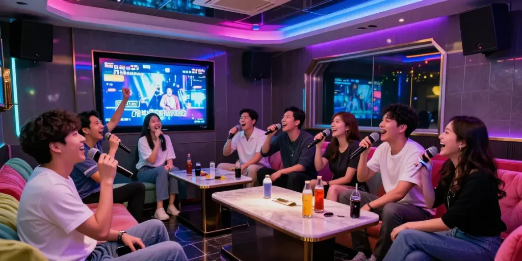 강남달토의 활기찬 노래방 분위기, 손님들이 즐겁게 노래하며 대화하는 모습