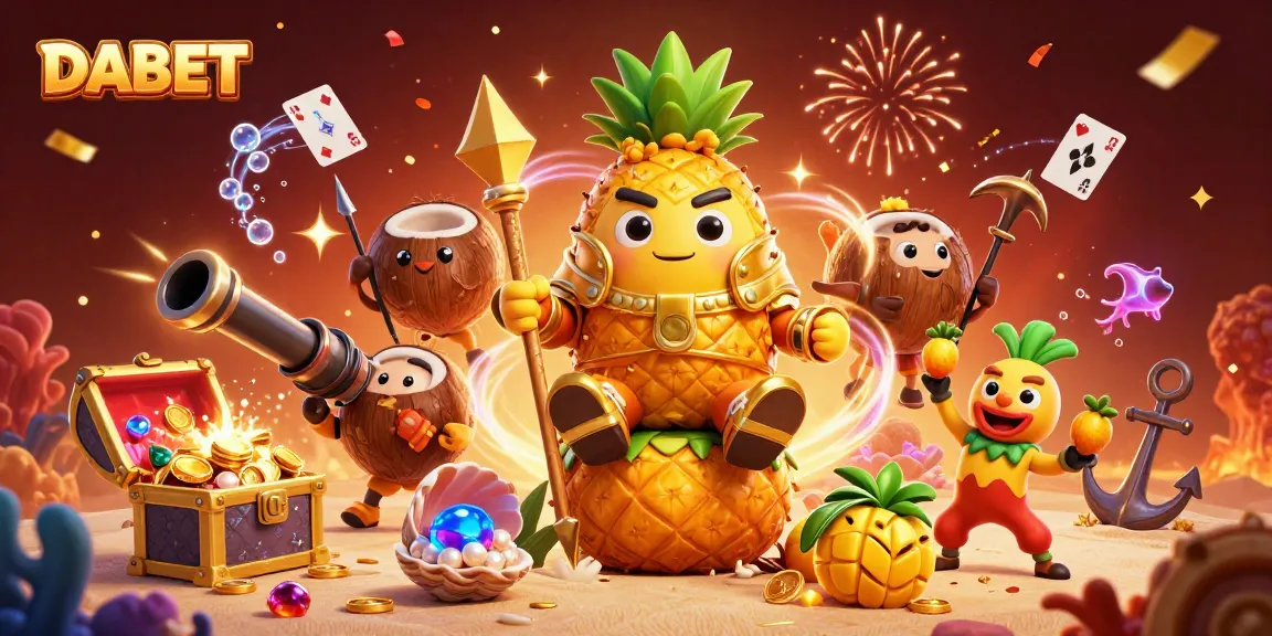 DABET showcases an exciting casino scene with a golden pineapple king, embodying the thrill of gaming.