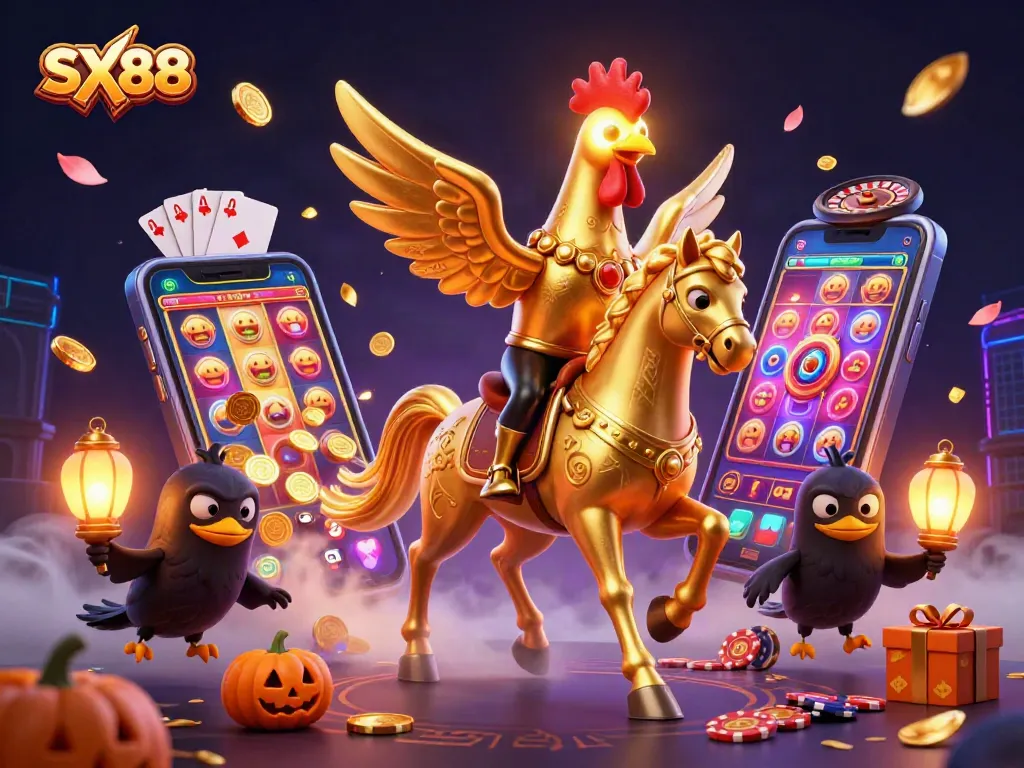 SX88 players immerse in a vibrant casino scene with golden rooster and spooky companions, winning big.