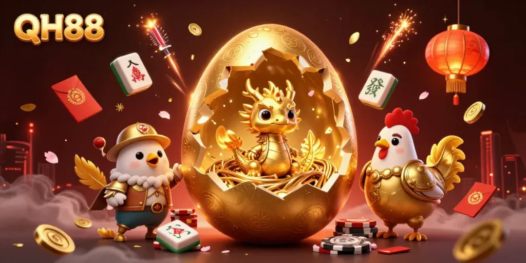 Experience QH88 magic with a golden dragon and poker chips amid festive elements.