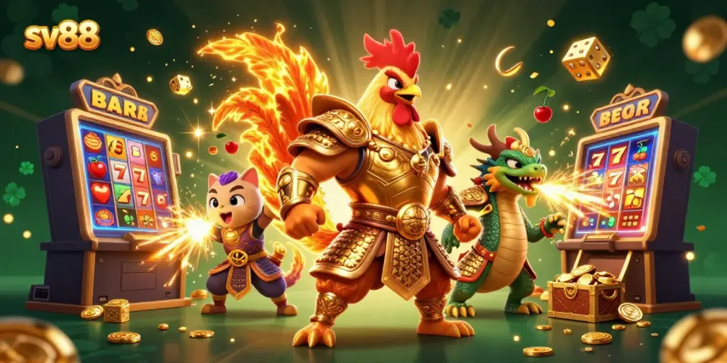 Experience thrilling jackpots with sv88, featuring a cartoon rooster warrior and dragon in a casino setting.