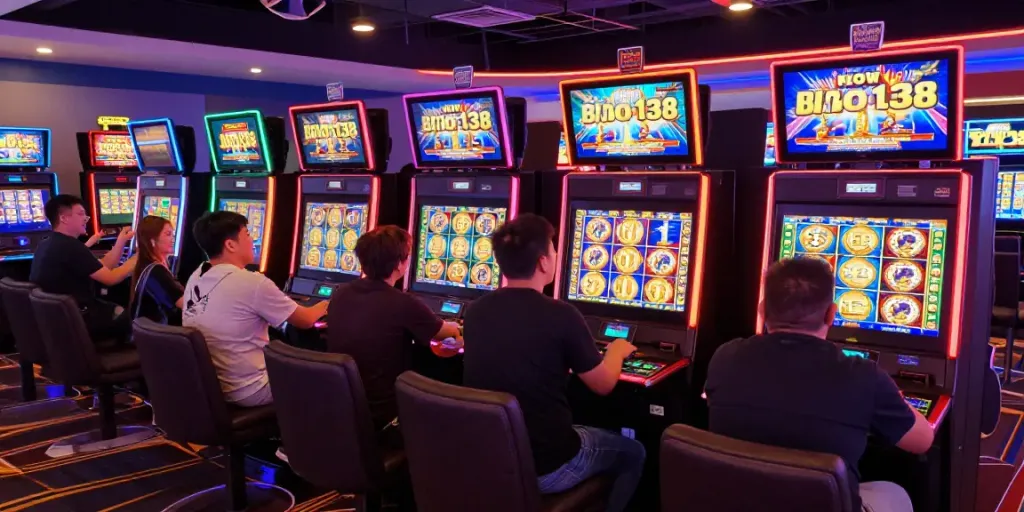 Players enjoying bro138 slot games in a lively digital casino setting with vibrant lighting.