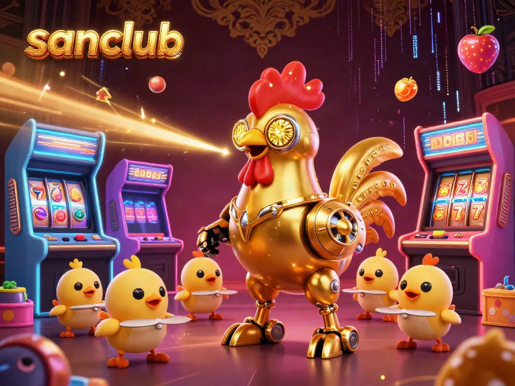 Engage with the exciting world of sanclub through this vibrant 3D illustration of a retro-futuristic golden rooster robot and gaming elements.