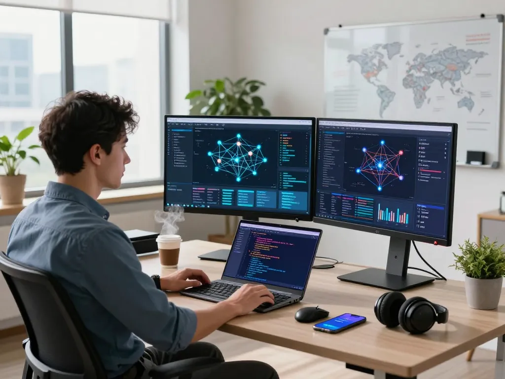 快连 technology workspace with a developer optimizing global network performance, showcasing modern tech integration and productivity.