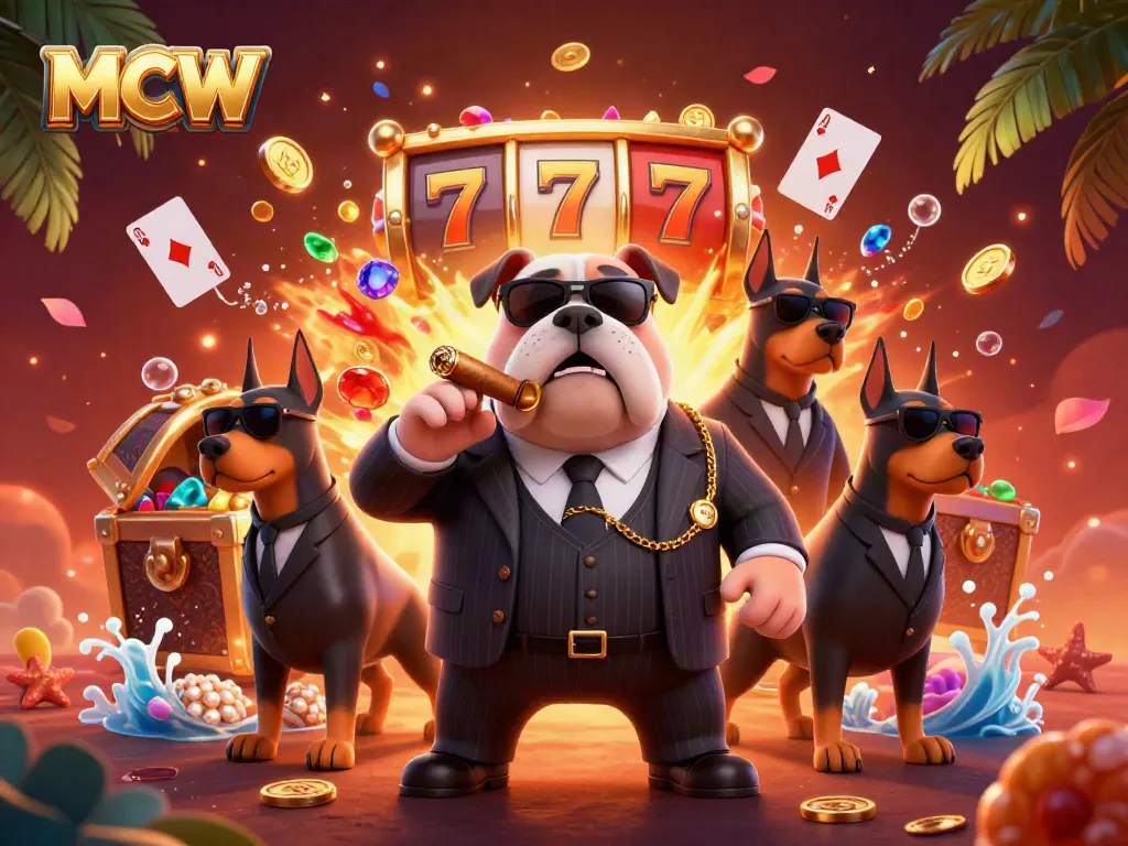 MCW casino scene with a mafia bulldog and bodyguard Dobermans amid gold coins and slot reels.
