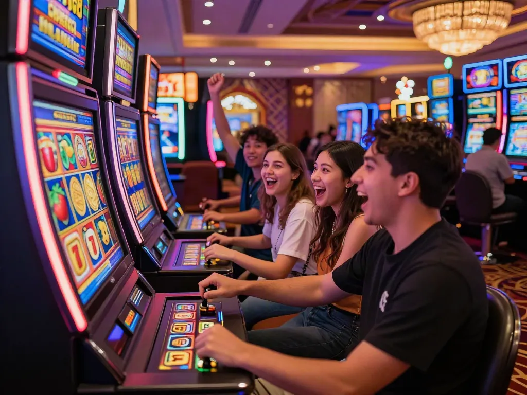 Excited players gathering around a qqmacan slot machine, capturing the thrill of gameplay in a vibrant casino atmosphere.