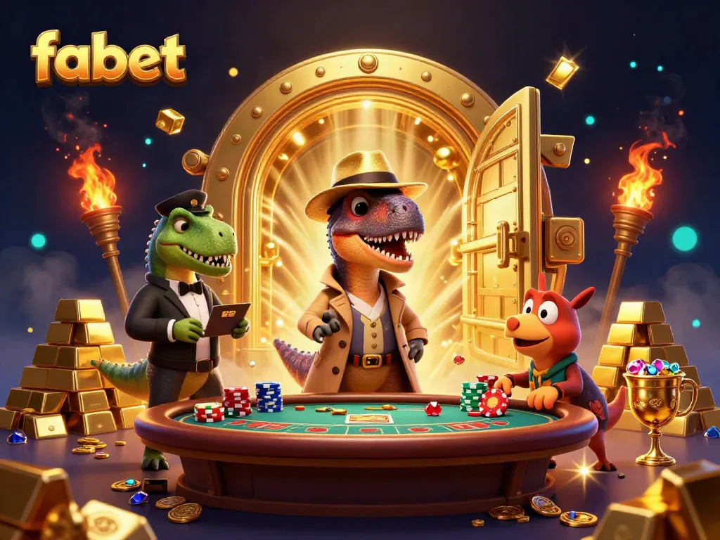 Fabet promotes thrilling gameplay as a 3D velociraptor and friends over a blackjack table surrounded by treasures.
