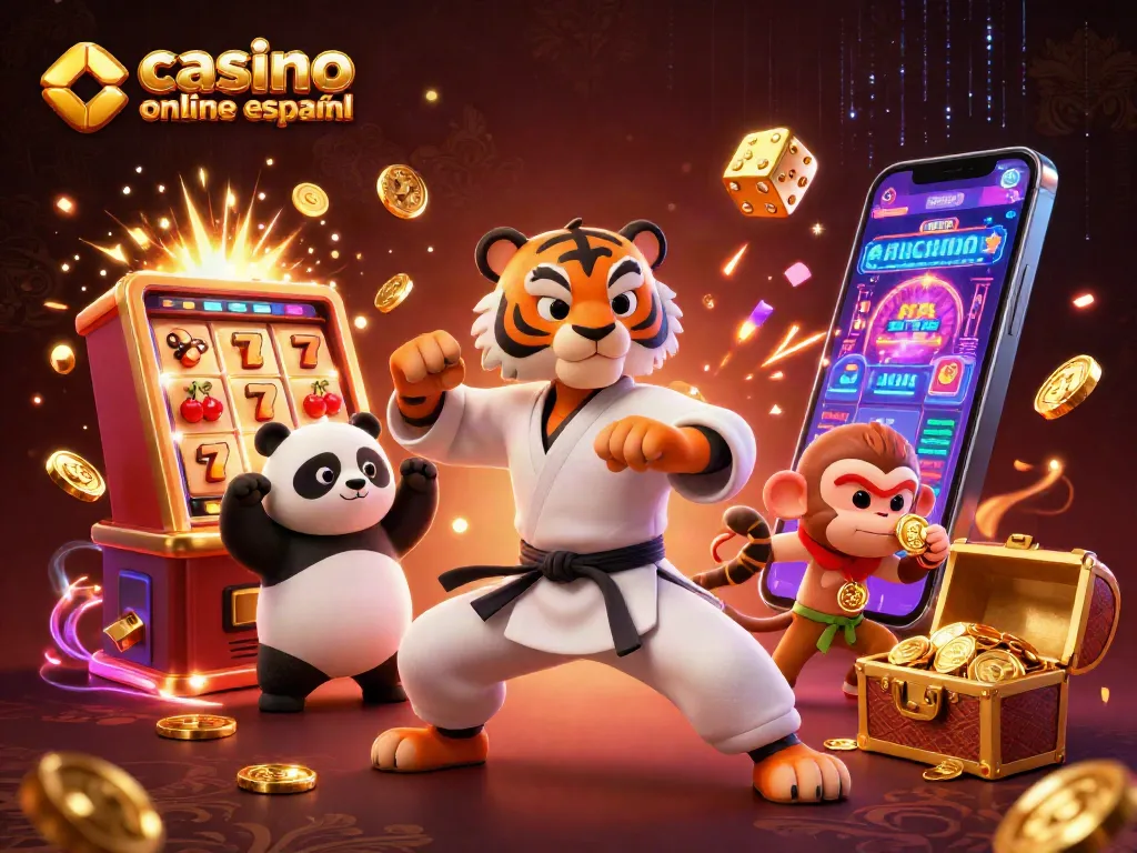 Disfruta de la emoción de un casino online español con un tigre maestro y un panda, rodeados de tragamonedas y monedas voladoras.
